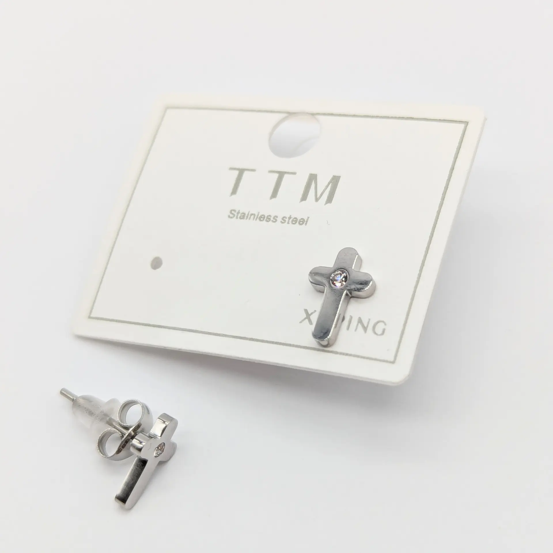 Сережки срібні Stainless Steel “Хрестик Мініанюра” з каменем із церконію 0.6*1 см