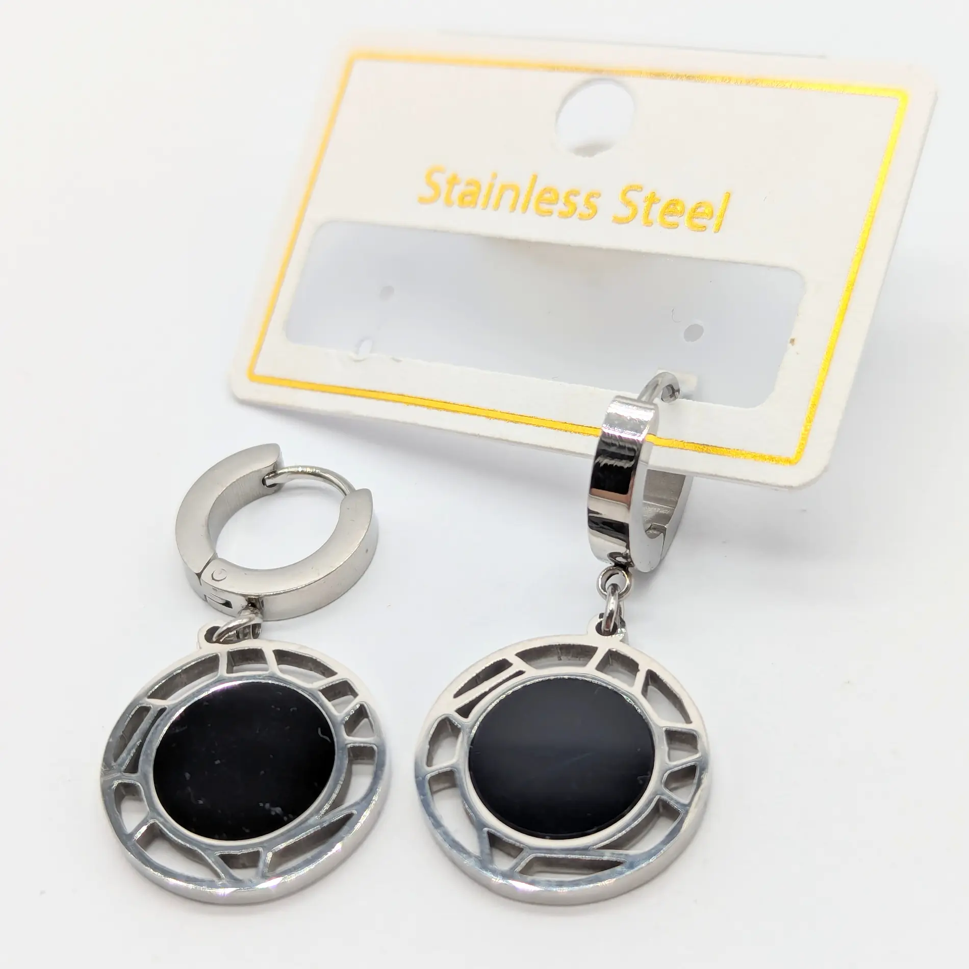 Серьги Stainless Steel РС «Акцент» Сталь. Серебро с черной вставкой, длина 3,5 см × ширина 1,8 см