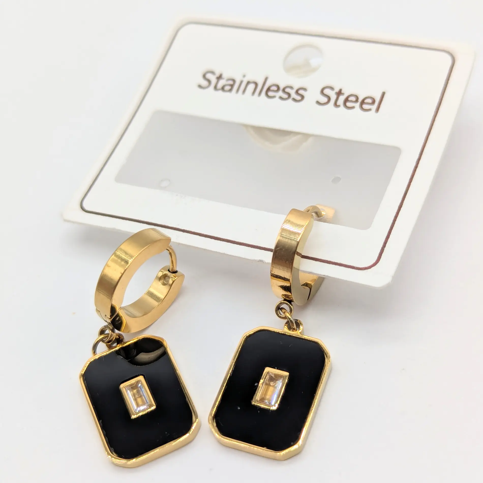 Сережки Stainless Steel “Прямокут” ЛЗ, з прозорим камінцем, довжина 3.4см × Ширина 1.1 см