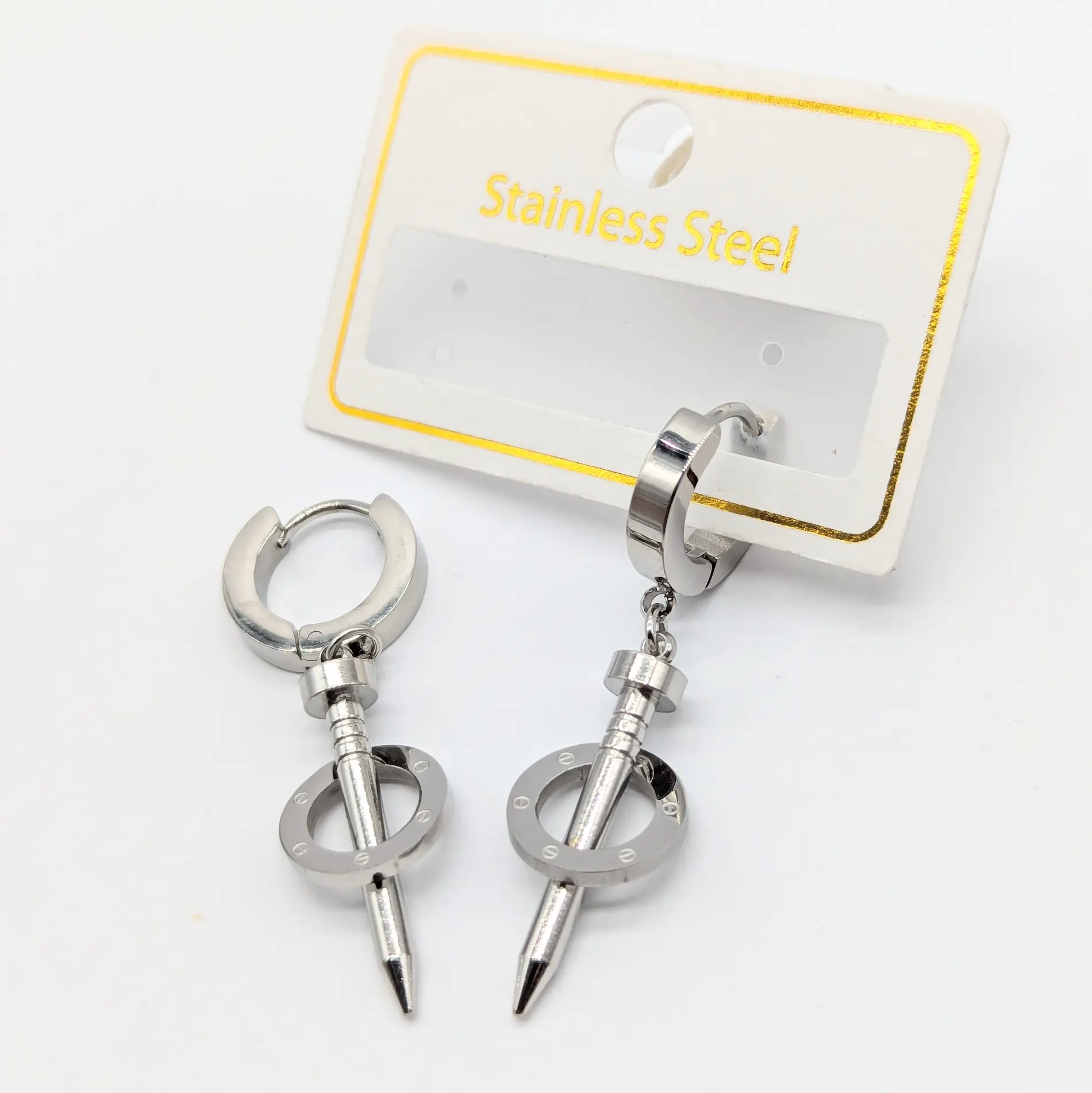 Серьги Stainless Steel РС «Гвоздь» Сталь. Серебро длина 4 см, ширина 1,1 см