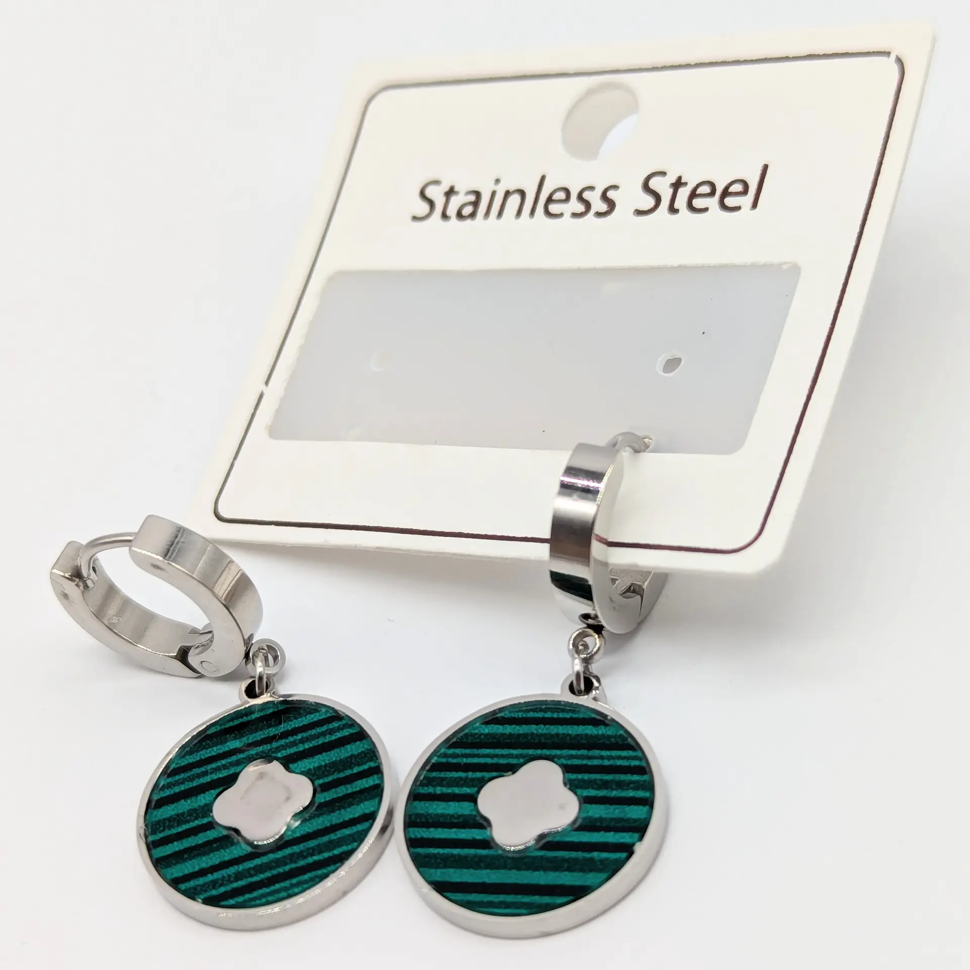 Сережки Stainless Steel срібні «Смарагдова Геометрія», 1.6*3.1 см