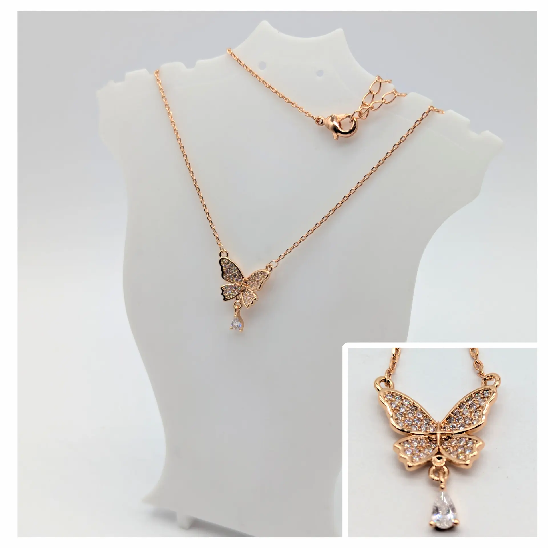Ланцюжок 18к «Золотий метелик із краплею світла» з цирконієм, 42+5 см, кулон 1.3*1.7 см