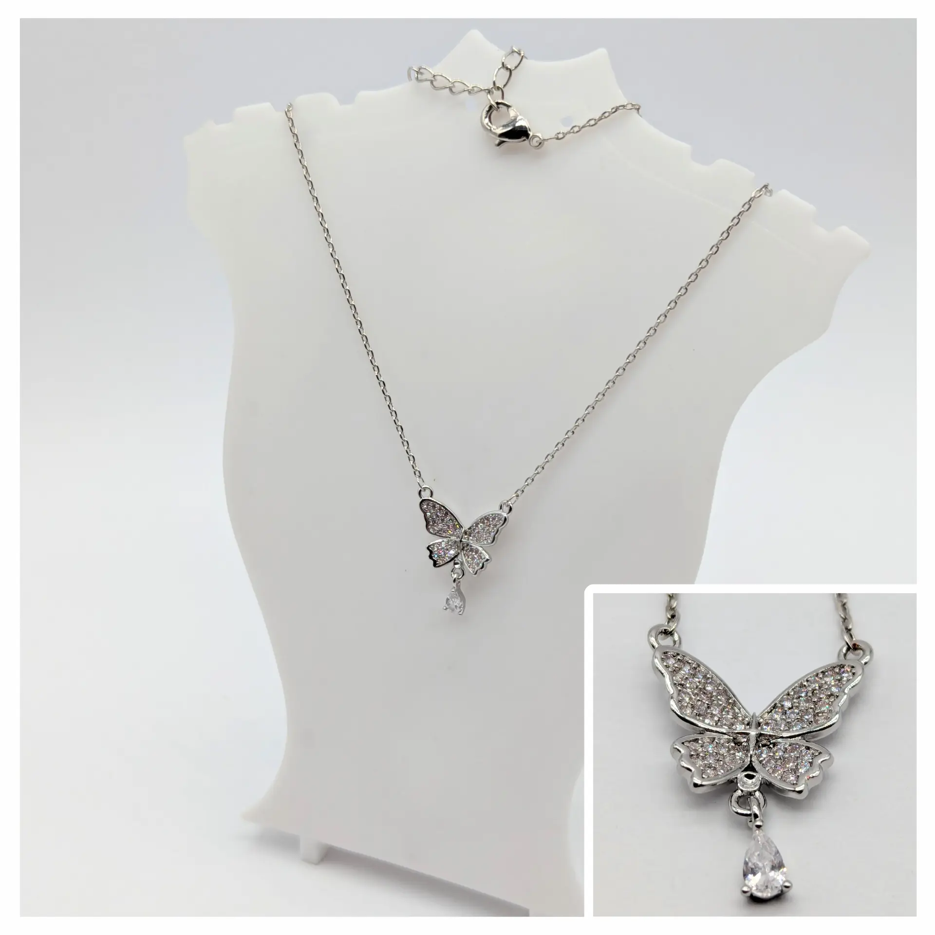 Ланцюжок «Срібний метелик із краплею сяйва» з цирконієм, 42+5 см, кулон 1.3*1.7 см