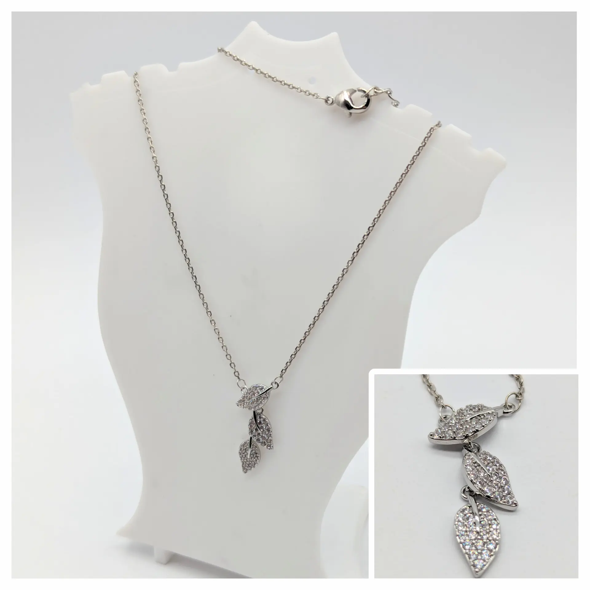 Ланцюжок «Срібне листя Елісія» з цирконієм, 42+4см, кулон 0.5*2см
