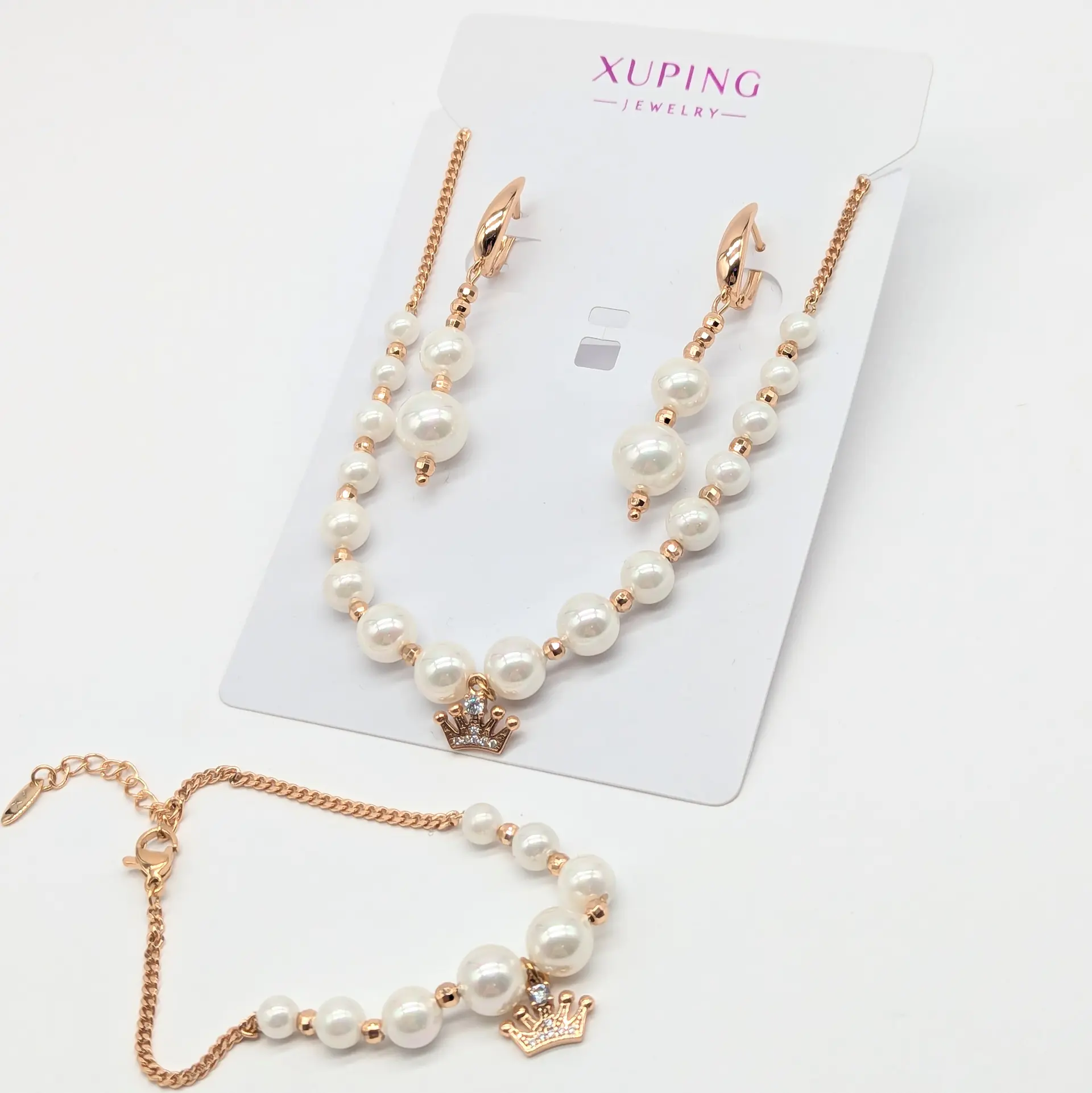 Набір прикрас Xuping 18к «Перлинна Корона», сережки 1*4.9 см, браслет 17+3.5 см